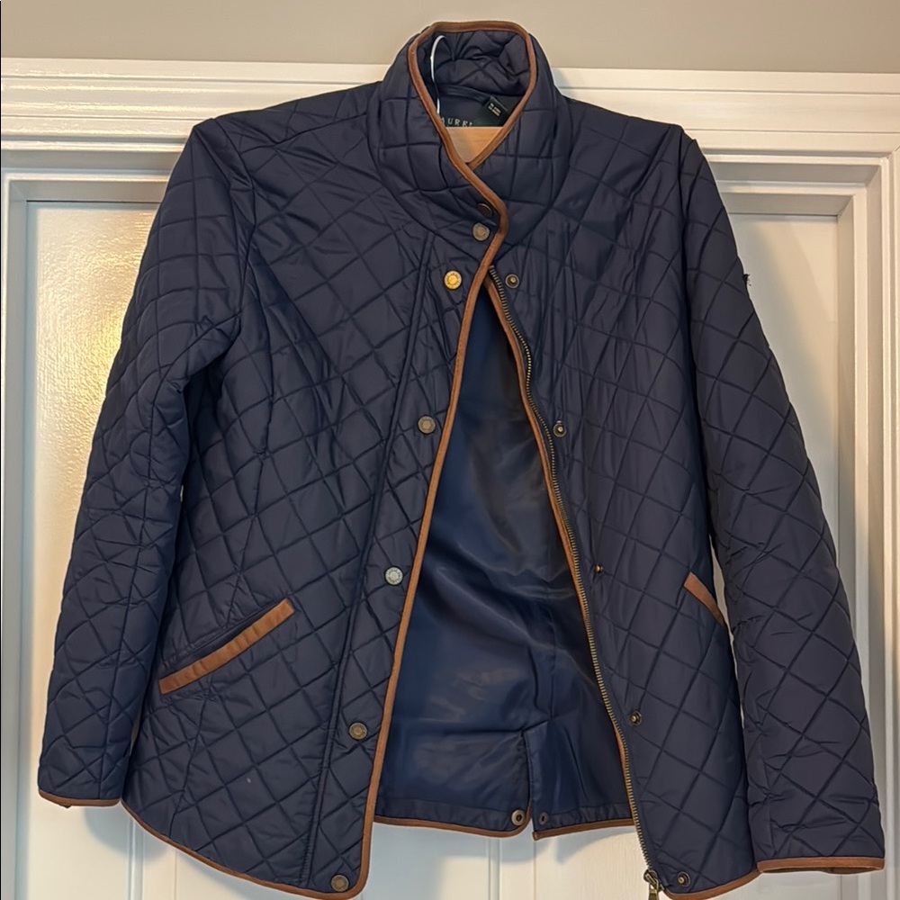 Navy Quilted Jacket with Tan Accents